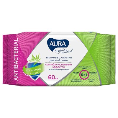 Салфетки влажные 15шт Аura Tropic с антибактериал эффектом 93967