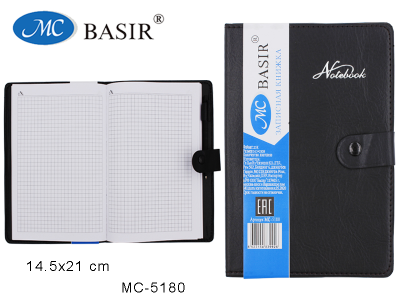 Записная книга А5 кожзам на кнопке, ручка, 14,5х21см черная MC-5181, 5180